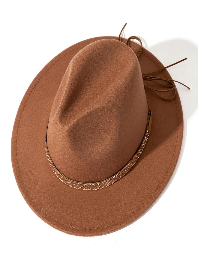 Lisianthus Felt Fedora Hats for Women & Men Wide Brim Panama Hat Khaki - Image 2